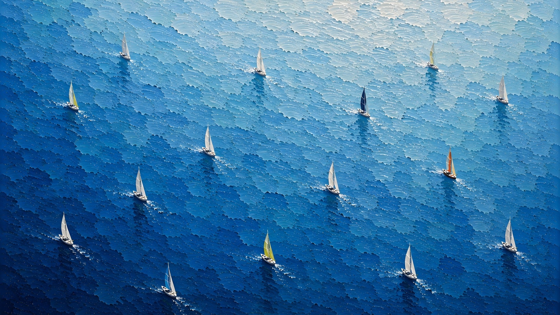 Impasto painting of a sailing regatta seen from above